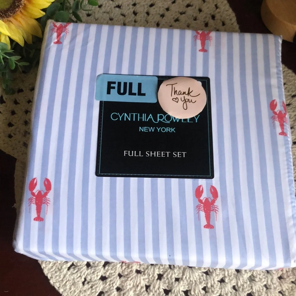 Cynthia Rowley Blue & White Stripe FULL Sheet Set with Red Lobster Print